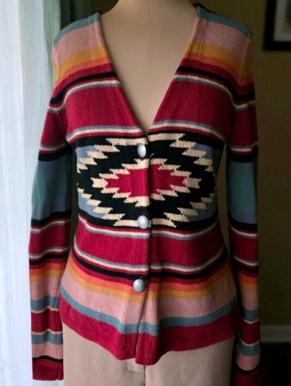 Southwestern Geometric 100% Cotton V Neck Cardigan Women's M American Living